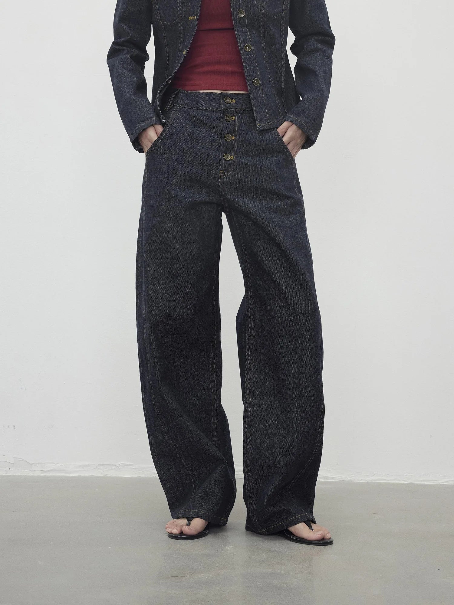 Vintage Indigo Denim Wide Leg Jeans With Contrast Stitching