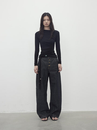 AFTADAWN Vintage Indigo Denim Wide Leg Jeans With Contrast Stitching