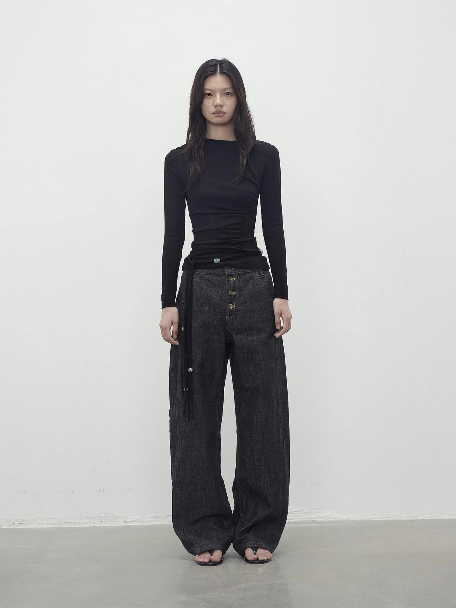 Vintage Indigo Denim Wide Leg Jeans With Contrast Stitching