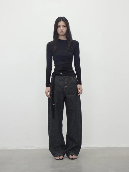 Vintage Indigo Denim Wide Leg Jeans With Contrast Stitching