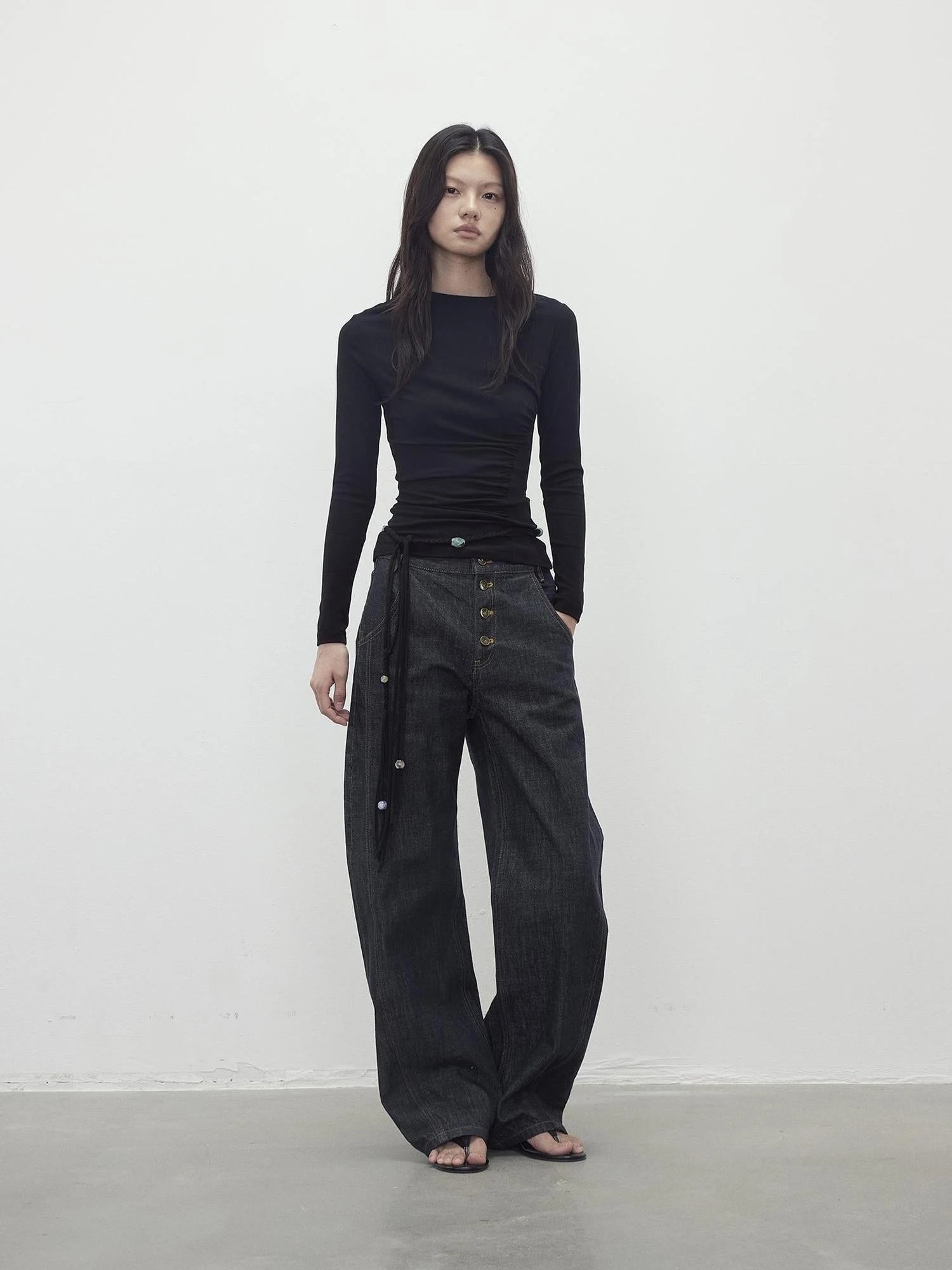 Vintage Indigo Denim Wide Leg Jeans With Contrast Stitching