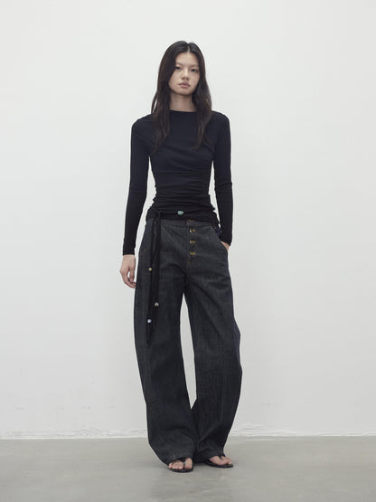 AFTADAWN Vintage Indigo Denim Wide Leg Jeans With Contrast Stitching