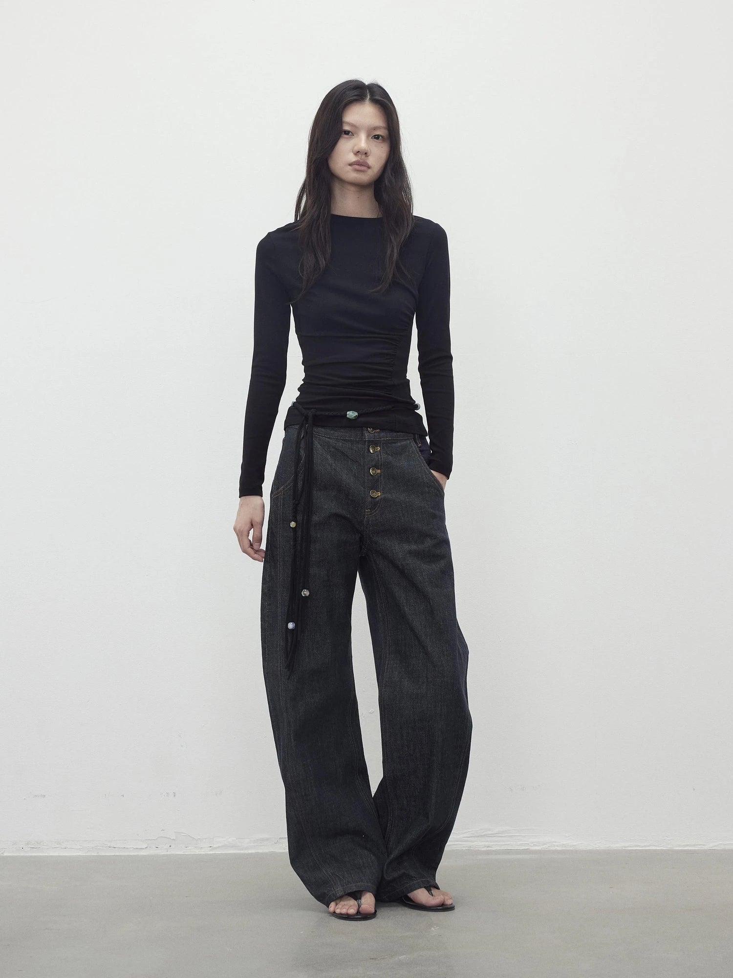 Vintage Indigo Denim Wide Leg Jeans With Contrast Stitching