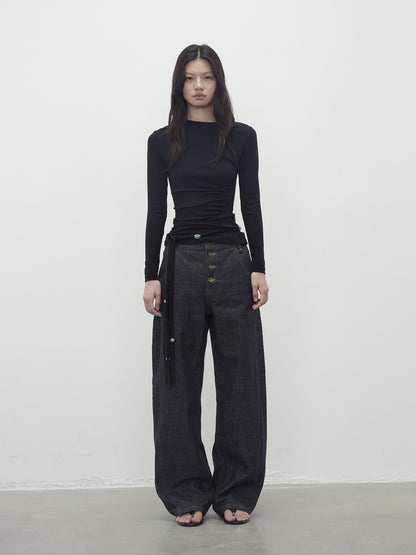 AFTADAWN Vintage Indigo Denim Wide Leg Jeans With Contrast Stitching