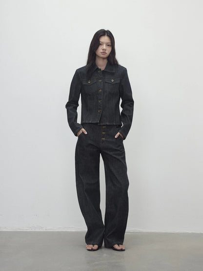 Vintage Indigo Denim Wide Leg Jeans With Contrast Stitching