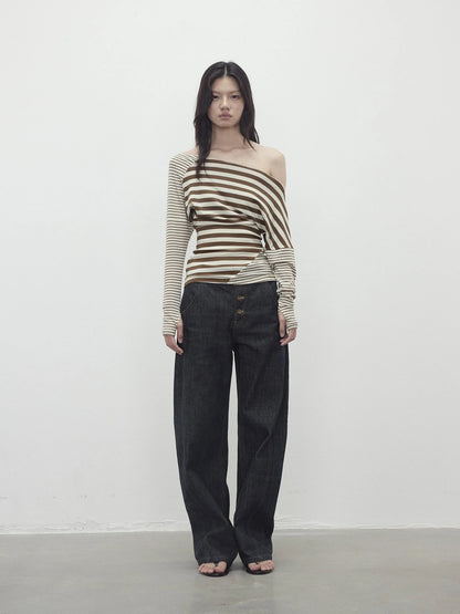 Vintage Indigo Denim Wide Leg Jeans With Contrast Stitching