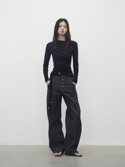 AFTADAWN Vintage Indigo Denim Wide Leg Jeans With Contrast Stitching