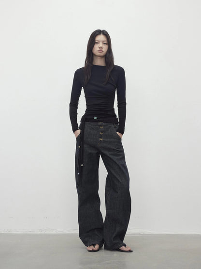 Vintage Indigo Denim Wide Leg Jeans With Contrast Stitching
