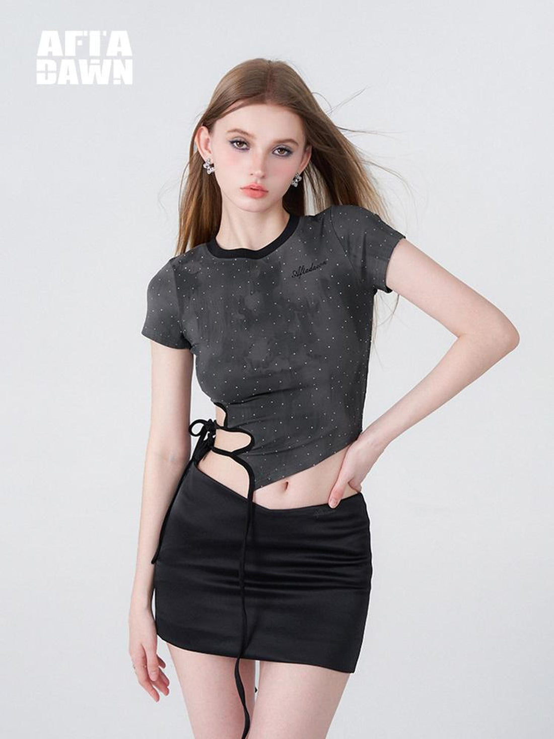 AFTADAWN Vintage Indigo Tie Dye Distressed Openwork Crystal V-neck T-shirt Long Sleeve