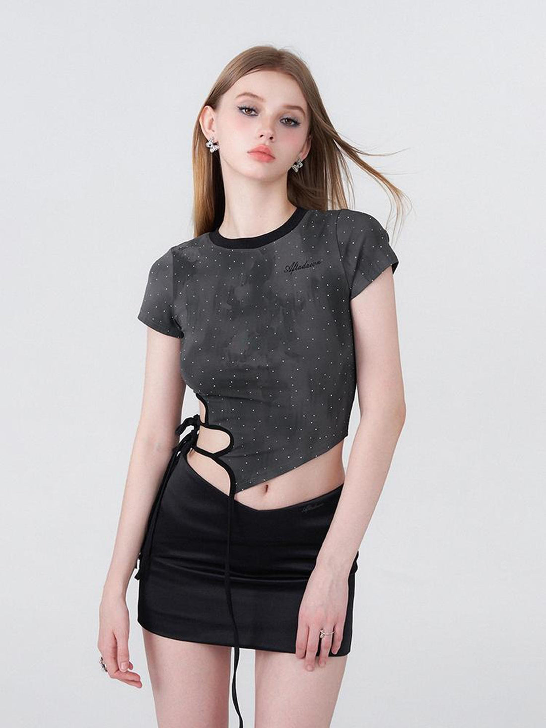 AFTADAWN Vintage Indigo Tie Dye Distressed Openwork Crystal V-neck T-shirt Long Sleeve