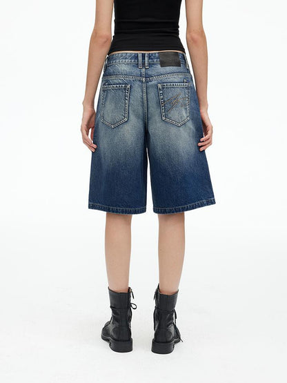 AFTADAWN Vintage Indigo Washed Distressed Denim Shorts