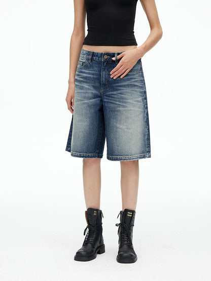 AFTADAWN Vintage Indigo Washed Distressed Denim Shorts