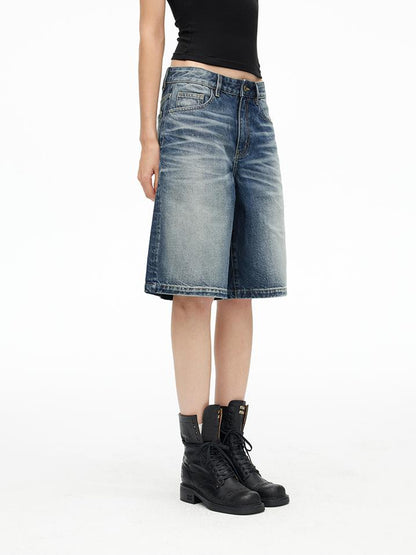 AFTADAWN Vintage Indigo Washed Distressed Denim Shorts