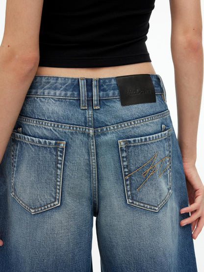 AFTADAWN Vintage Indigo Washed Distressed Denim Shorts