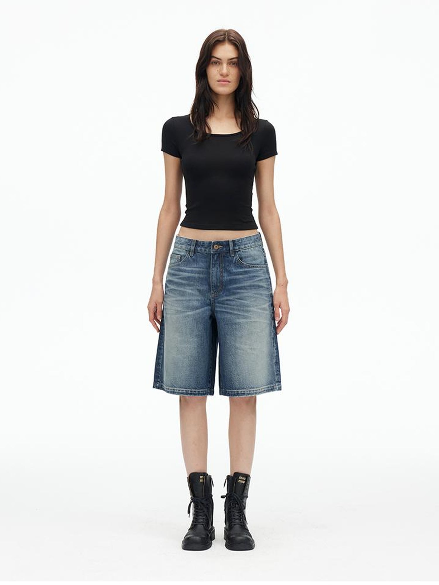 AFTADAWN Vintage Indigo Washed Distressed Denim Shorts