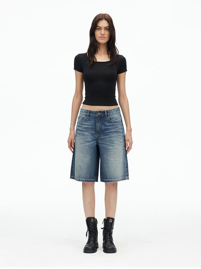 AFTADAWN Vintage Indigo Washed Distressed Denim Shorts