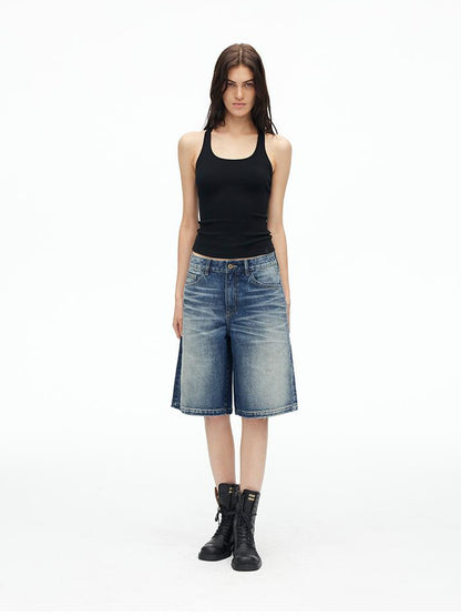 AFTADAWN Vintage Indigo Washed Distressed Denim Shorts