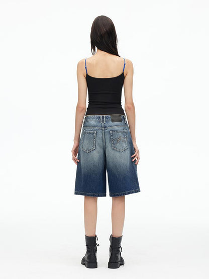 AFTADAWN Vintage Indigo Washed Distressed Denim Shorts