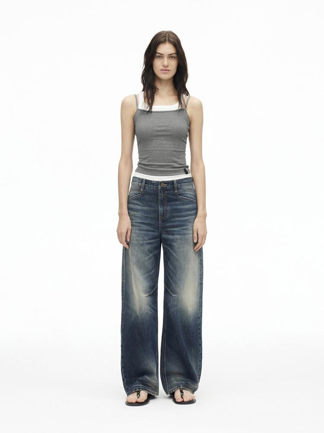 AFTADAWN Vintage Indigo Washed Low Rise Wide Leg Denim Trousers