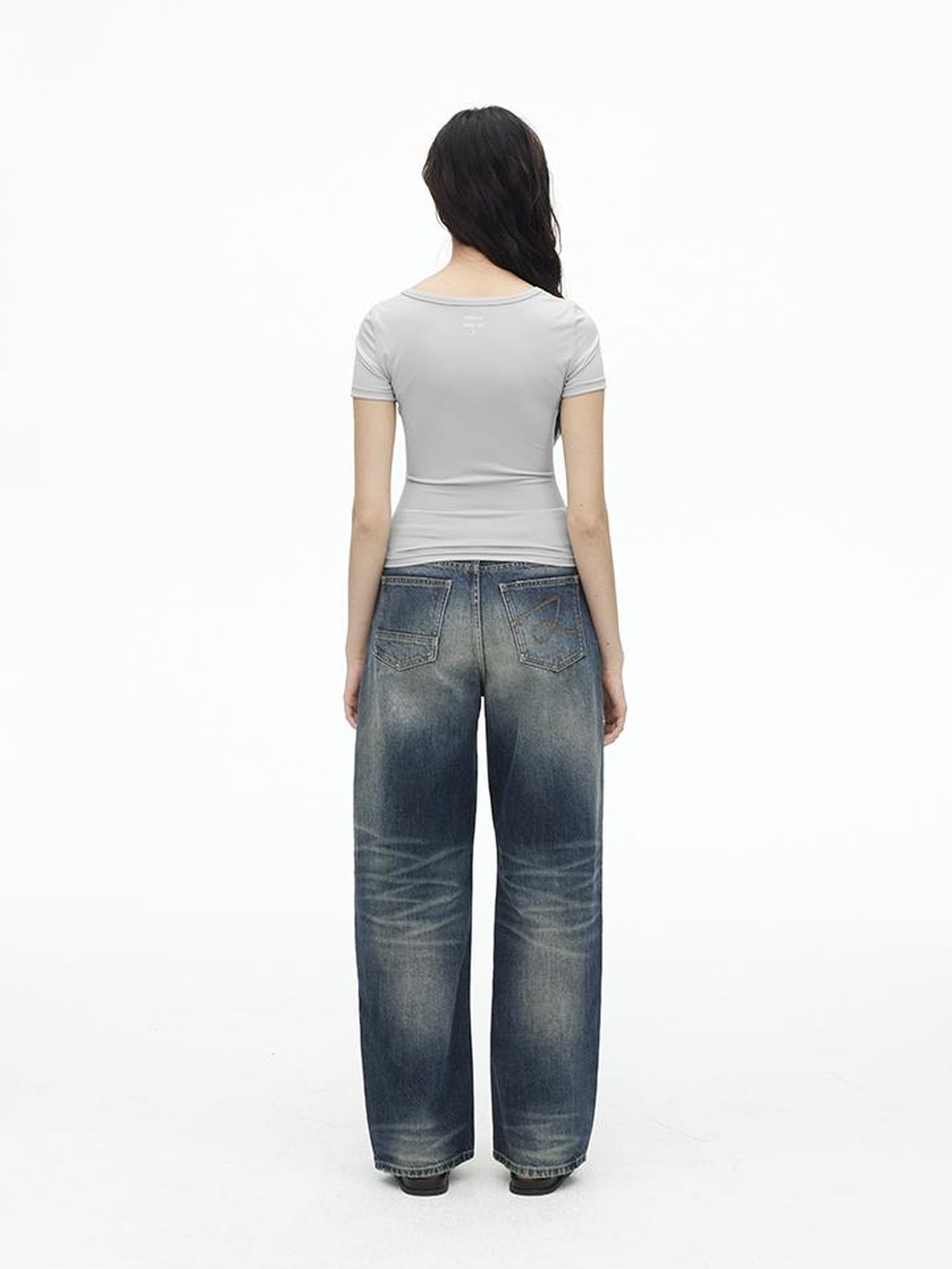 AFTADAWN Vintage Indigo Washed Low Rise Wide Leg Denim Trousers