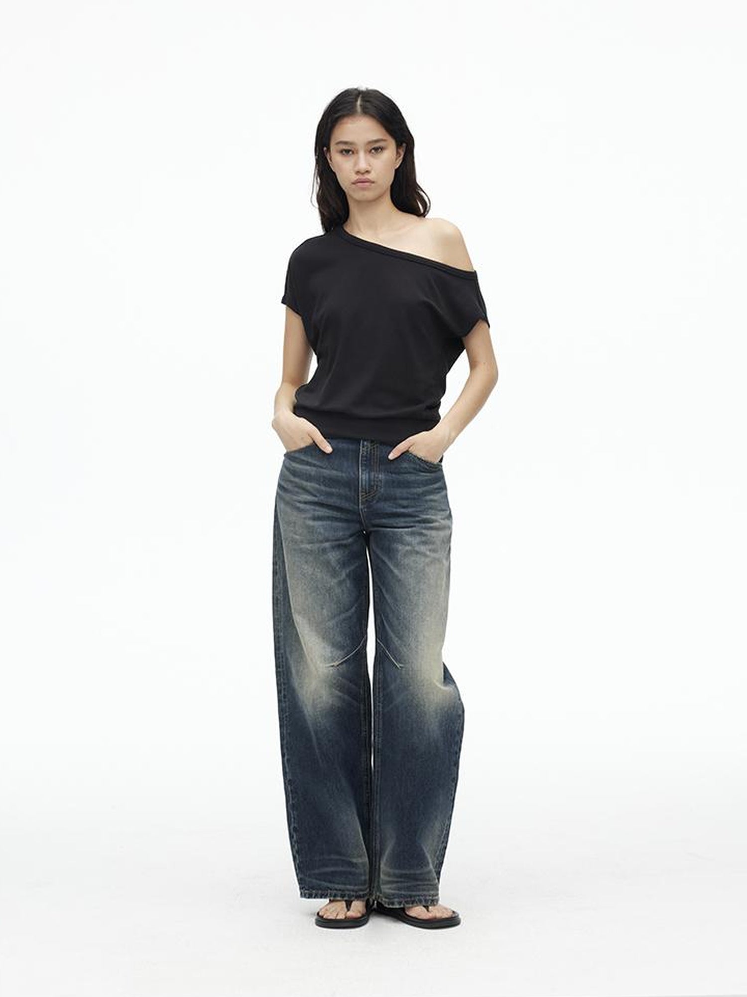 AFTADAWN Vintage Indigo Washed Low Rise Wide Leg Denim Trousers