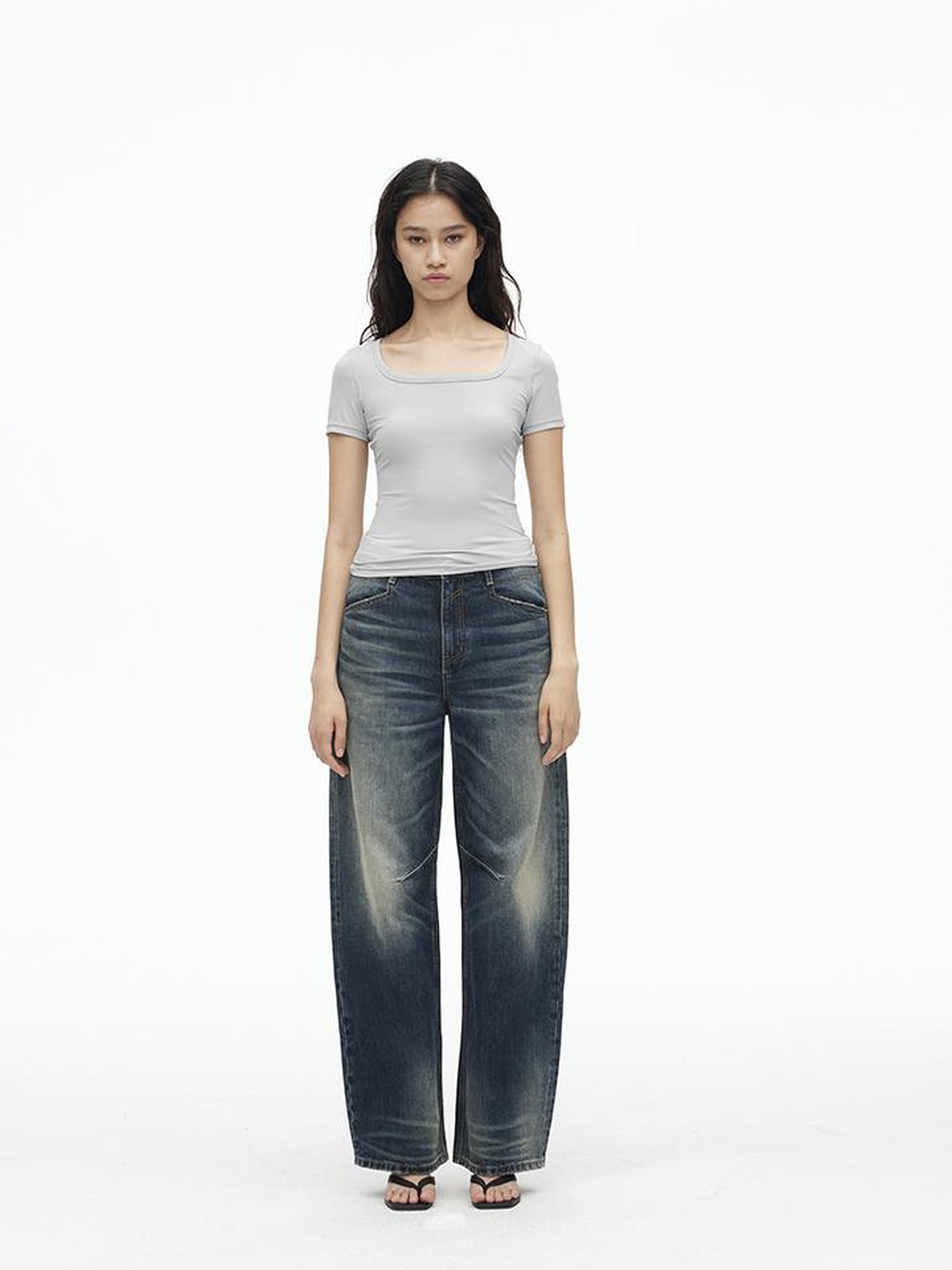 AFTADAWN Vintage Indigo Washed Low Rise Wide Leg Denim Trousers