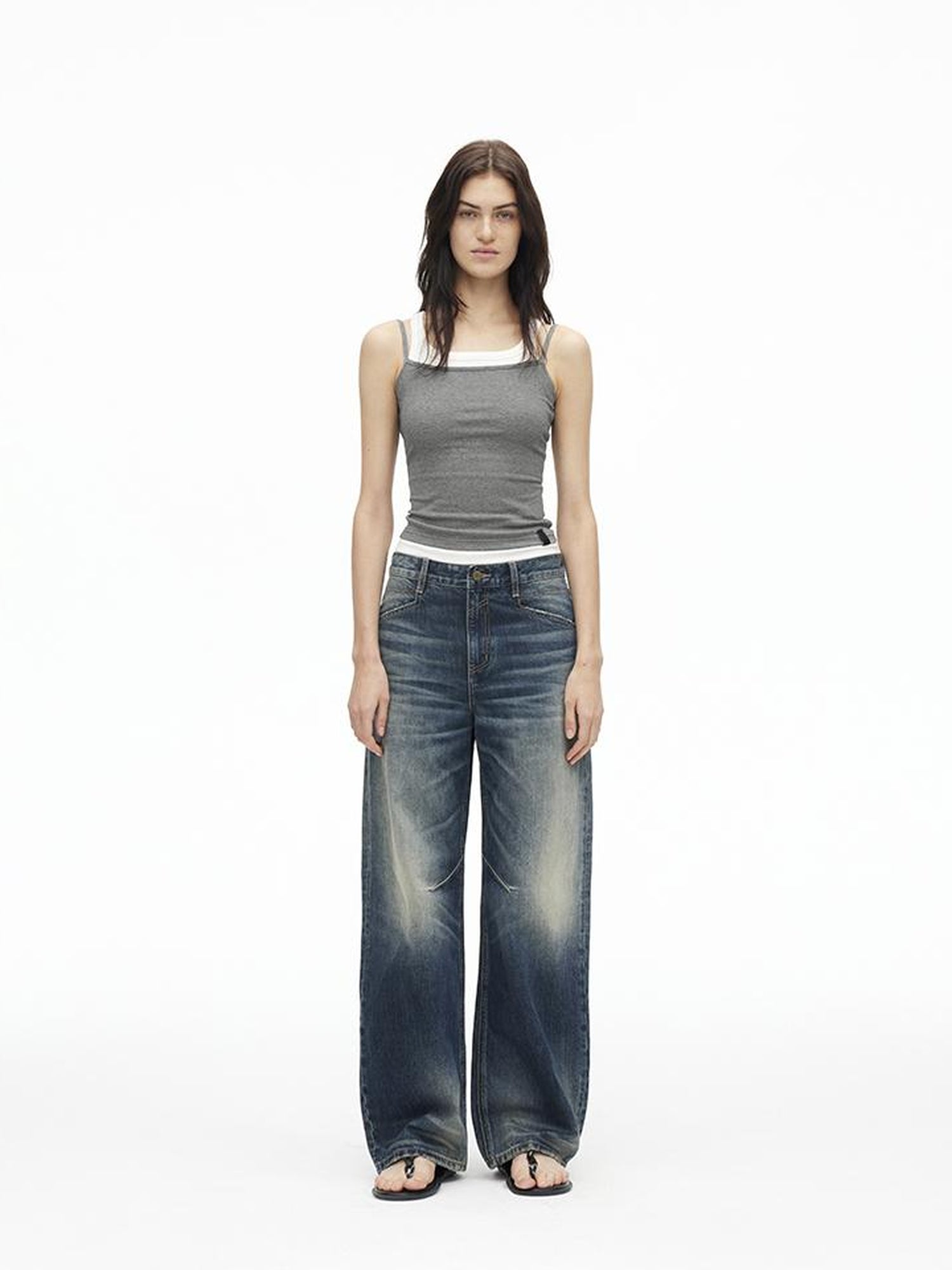 AFTADAWN Vintage Indigo Washed Low Rise Wide Leg Denim Trousers