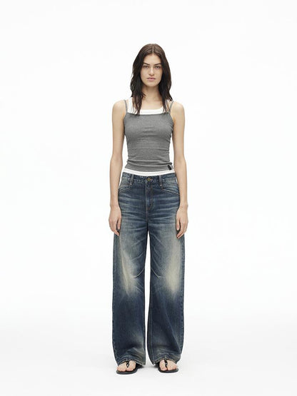 AFTADAWN Vintage Indigo Washed Low Rise Wide Leg Denim Trousers