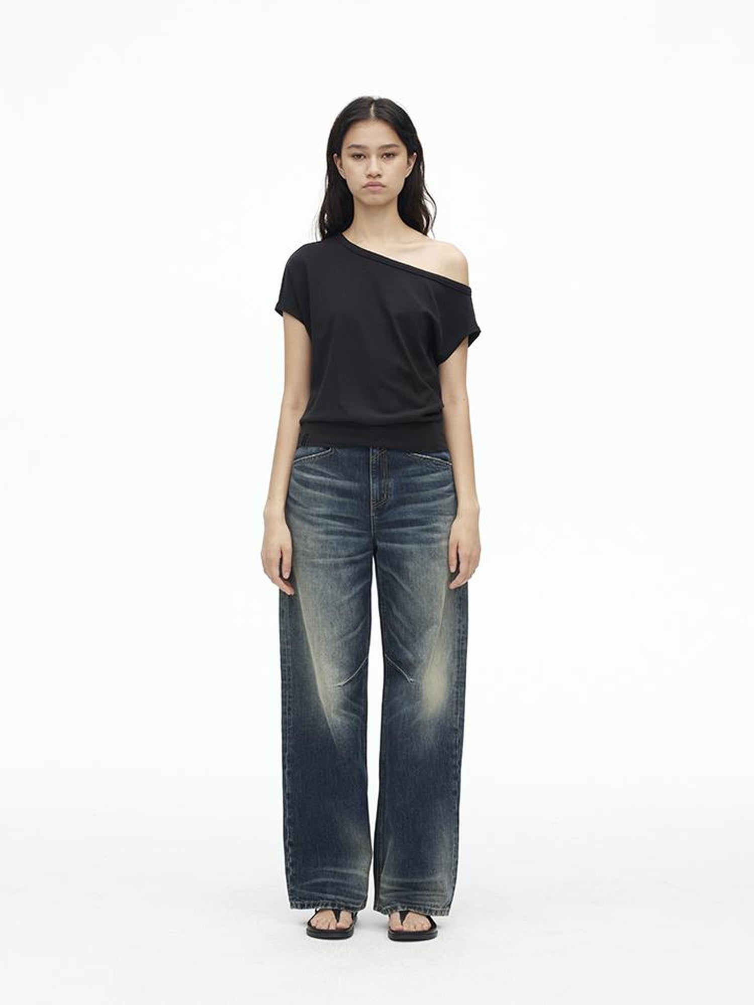 AFTADAWN Vintage Indigo Washed Low Rise Wide Leg Denim Trousers