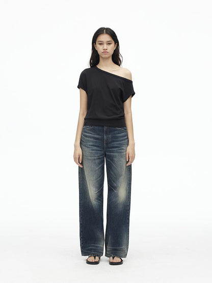 AFTADAWN Vintage Indigo Washed Low Rise Wide Leg Denim Trousers