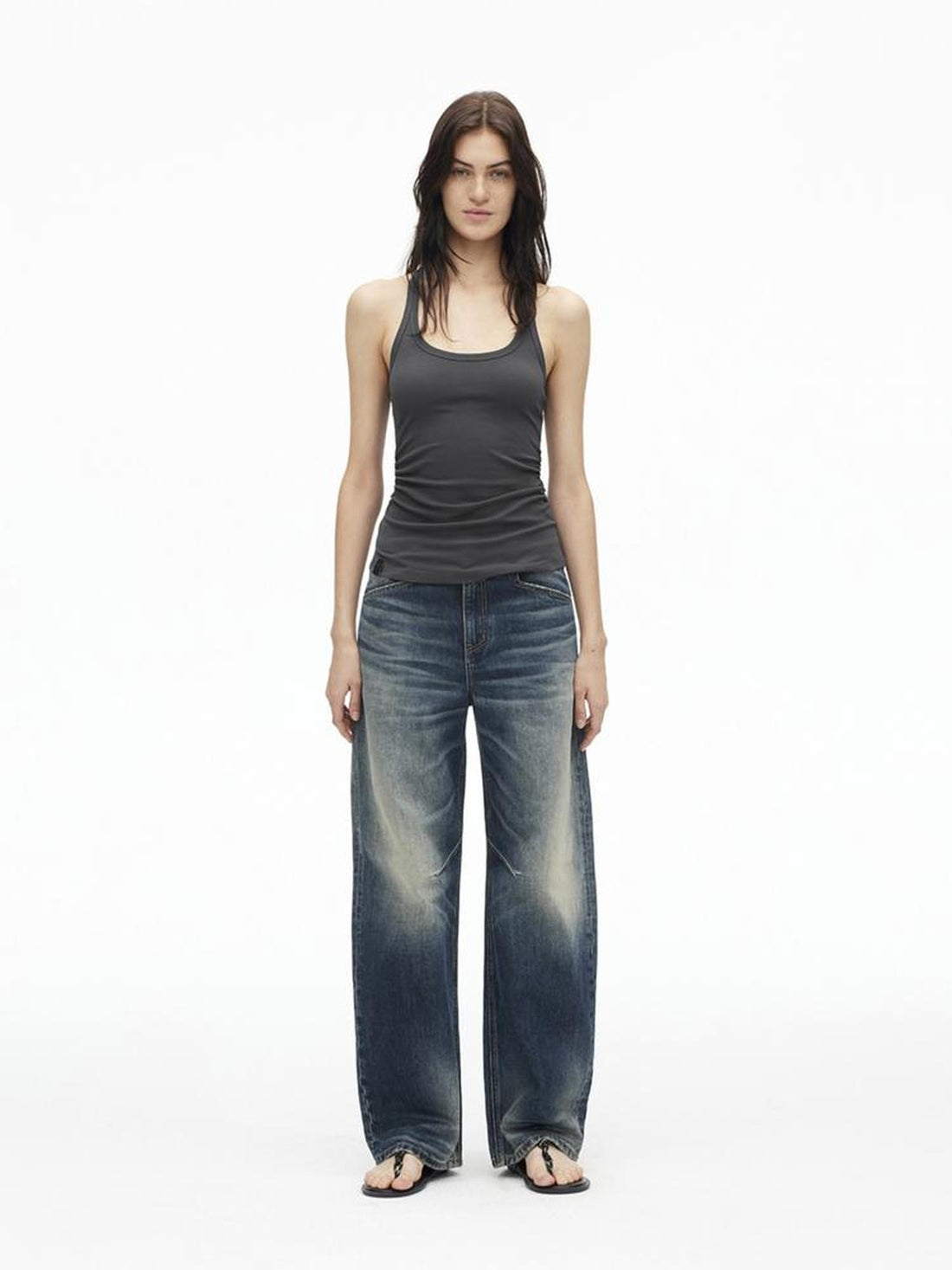 AFTADAWN Vintage Indigo Washed Low Rise Wide Leg Denim Trousers