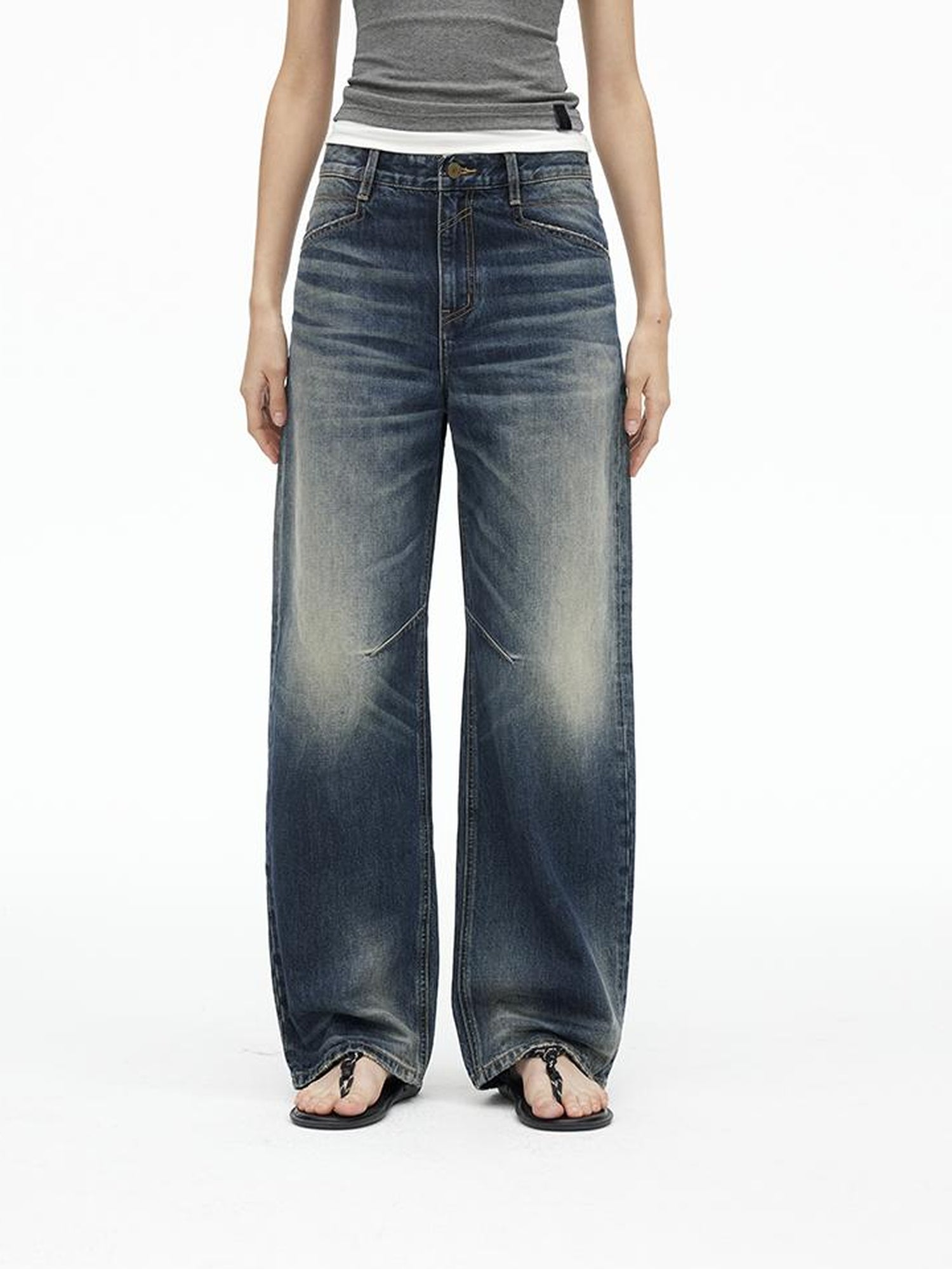 AFTADAWN Vintage Indigo Washed Low Rise Wide Leg Denim Trousers