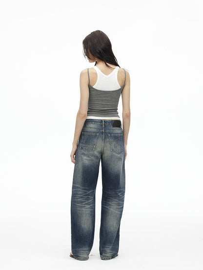 AFTADAWN Vintage Indigo Washed Low Rise Wide Leg Denim Trousers