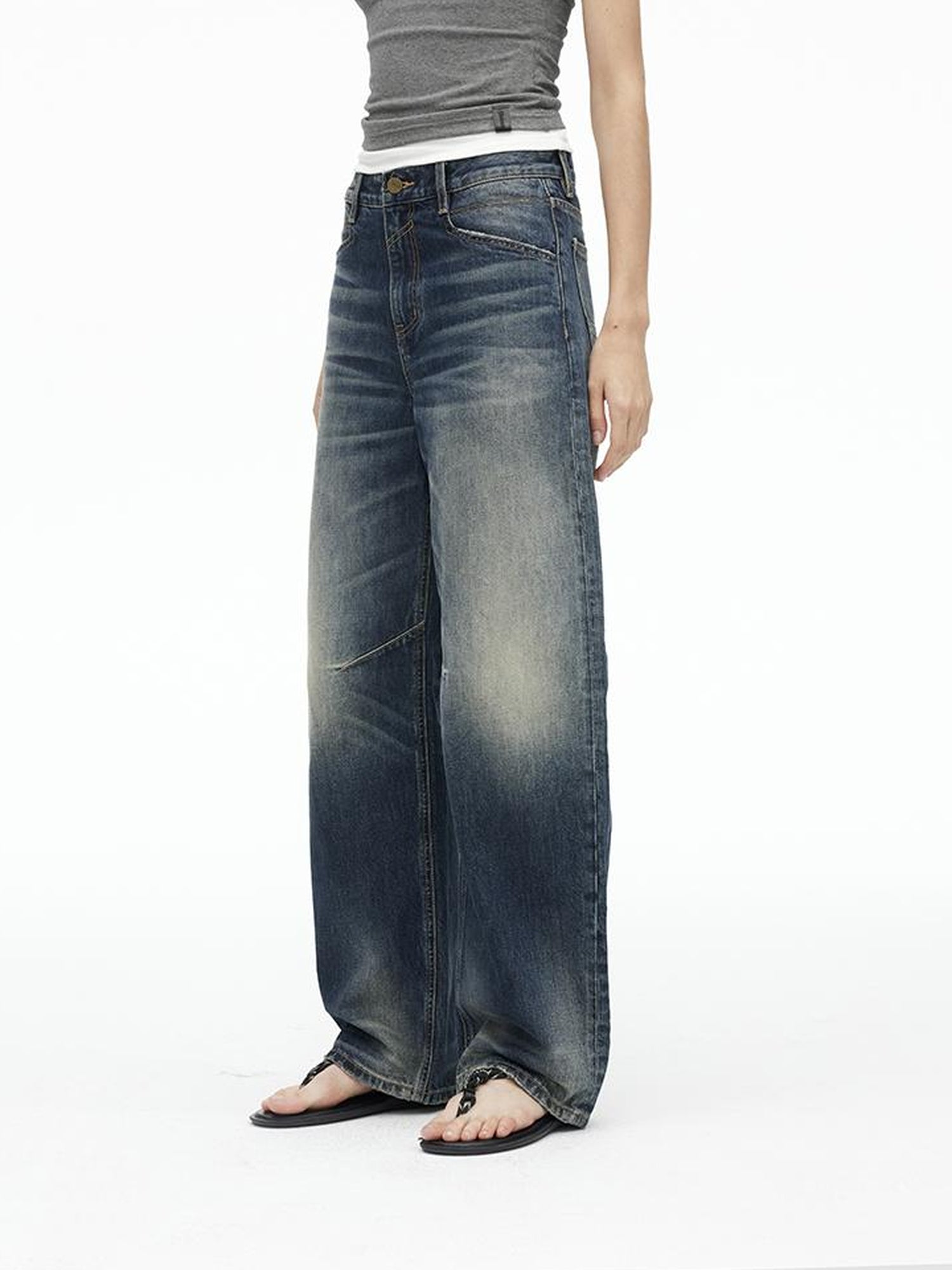 AFTADAWN Vintage Indigo Washed Low Rise Wide Leg Denim Trousers