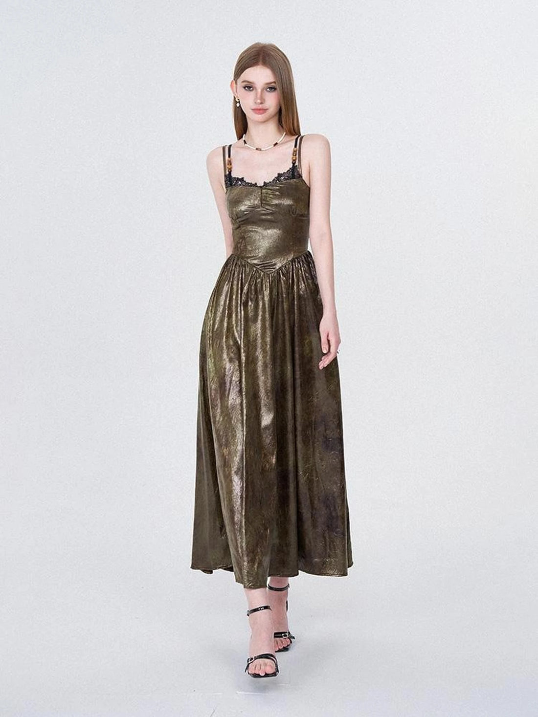 Vintage Lace Trimmed Textured Slip Maxi Dress V-neck T-shirt Long Sleeve