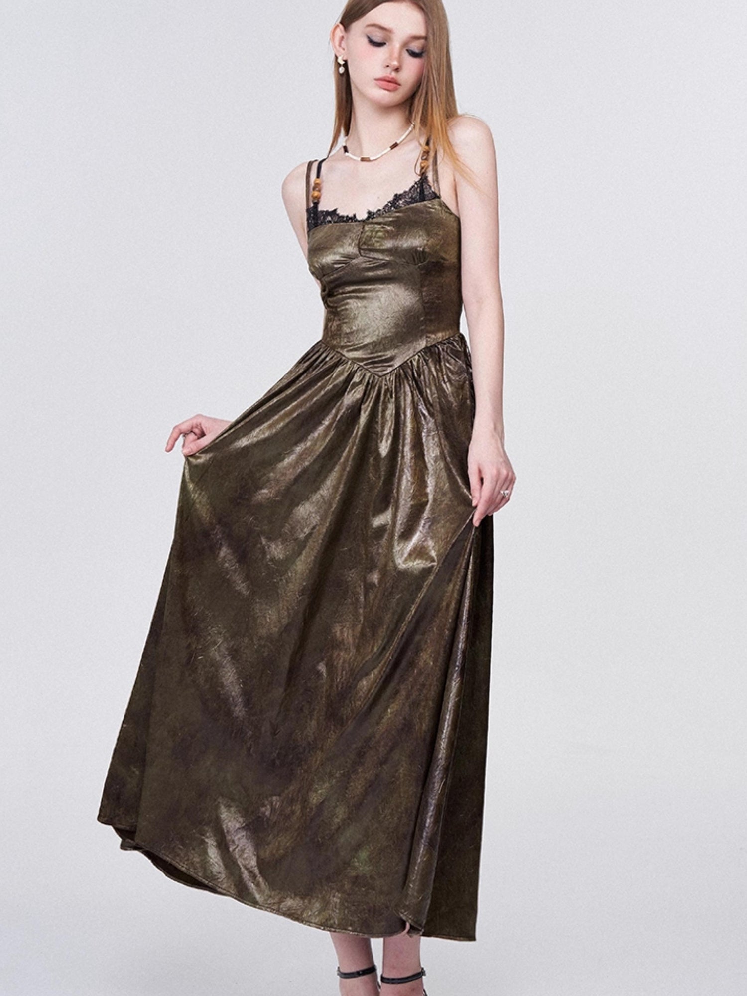 AFTADAWN Vintage Lace Trimmed Textured Slip Maxi Dress V-neck T-shirt Long Sleeve
