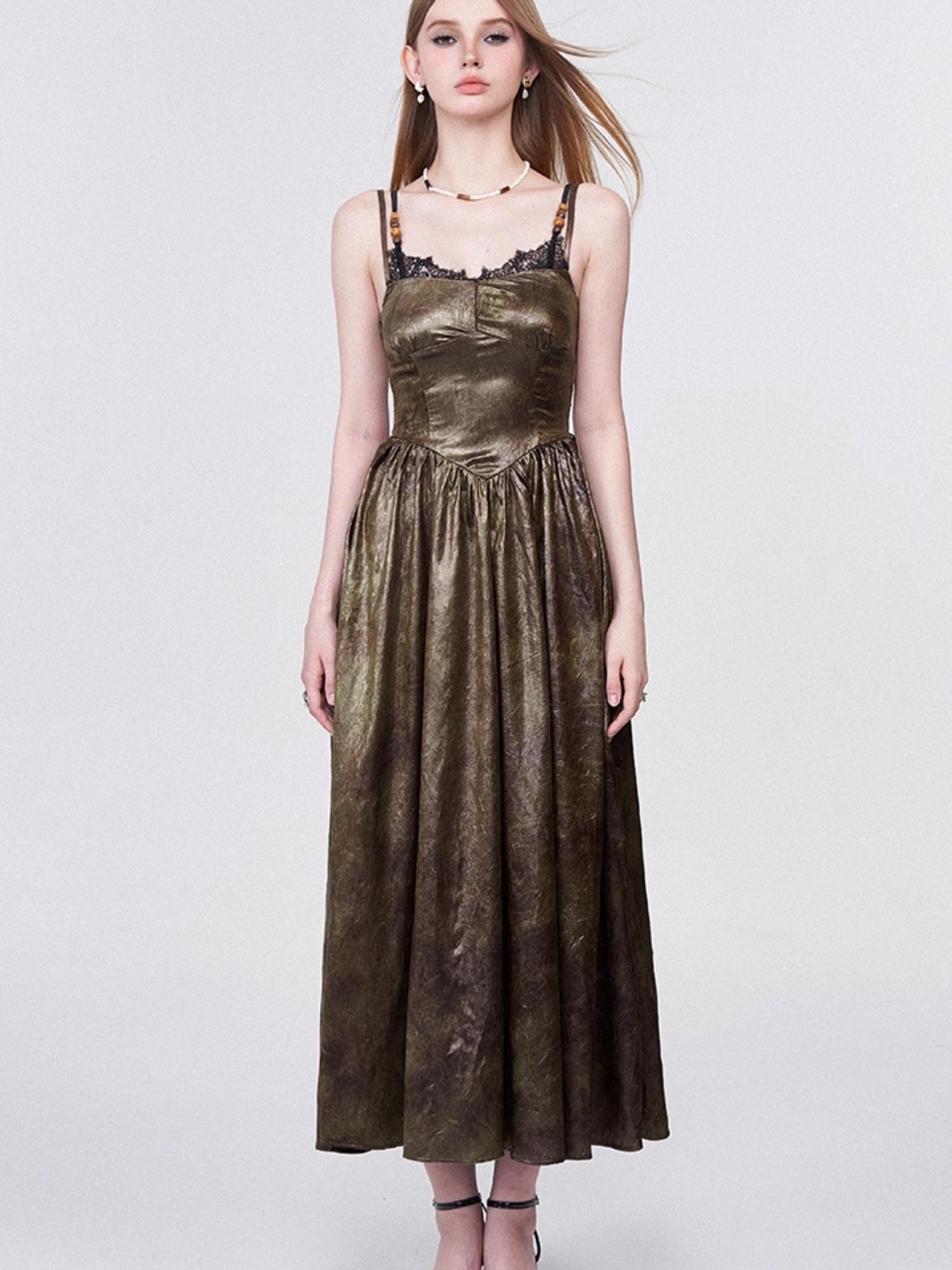 AFTADAWN Vintage Lace Trimmed Textured Slip Maxi Dress V-neck T-shirt Long Sleeve