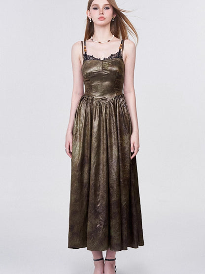 AFTADAWN Vintage Lace Trimmed Textured Slip Maxi Dress V-neck T-shirt Long Sleeve