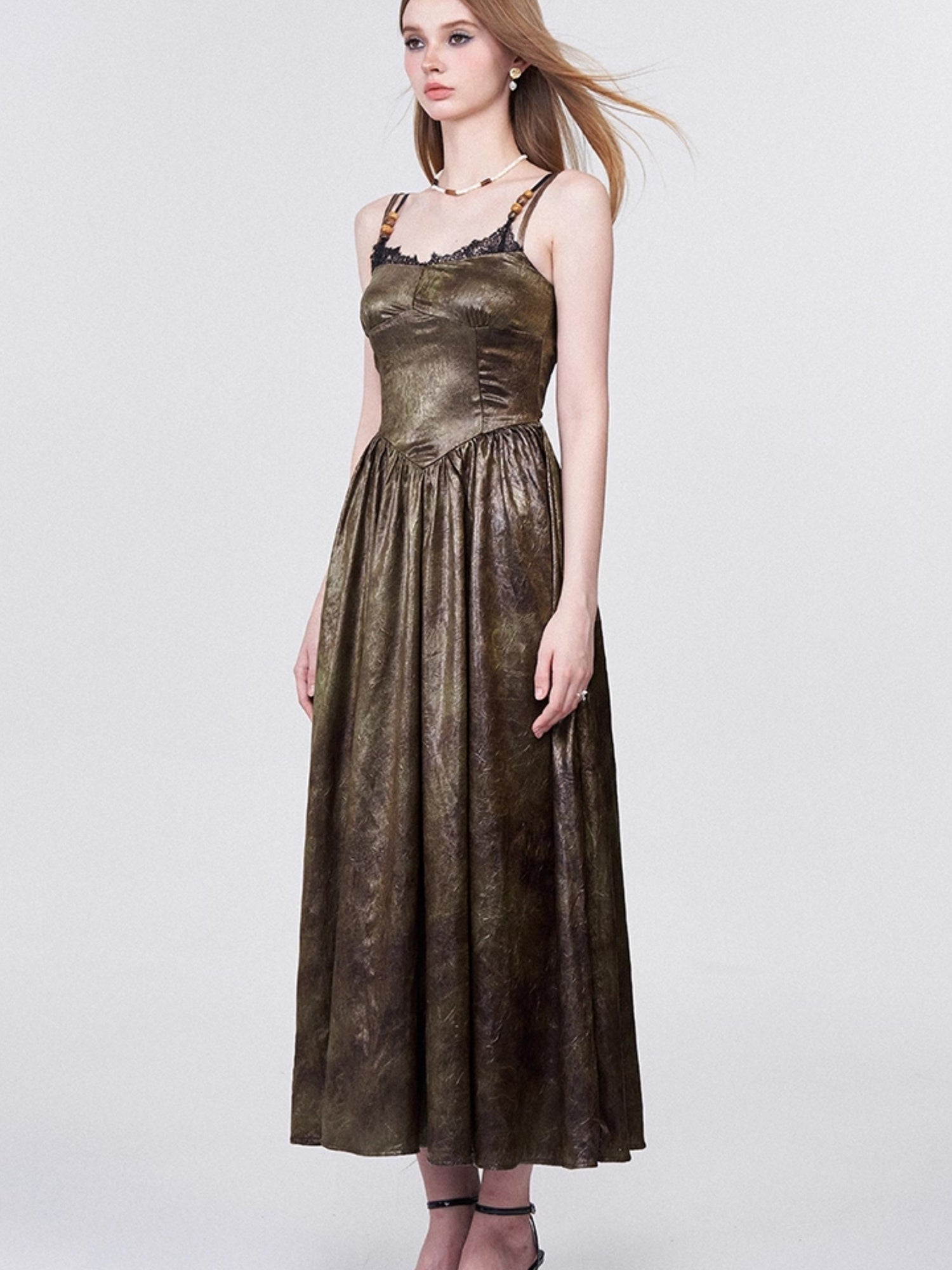 AFTADAWN Vintage Lace Trimmed Textured Slip Maxi Dress V-neck T-shirt Long Sleeve