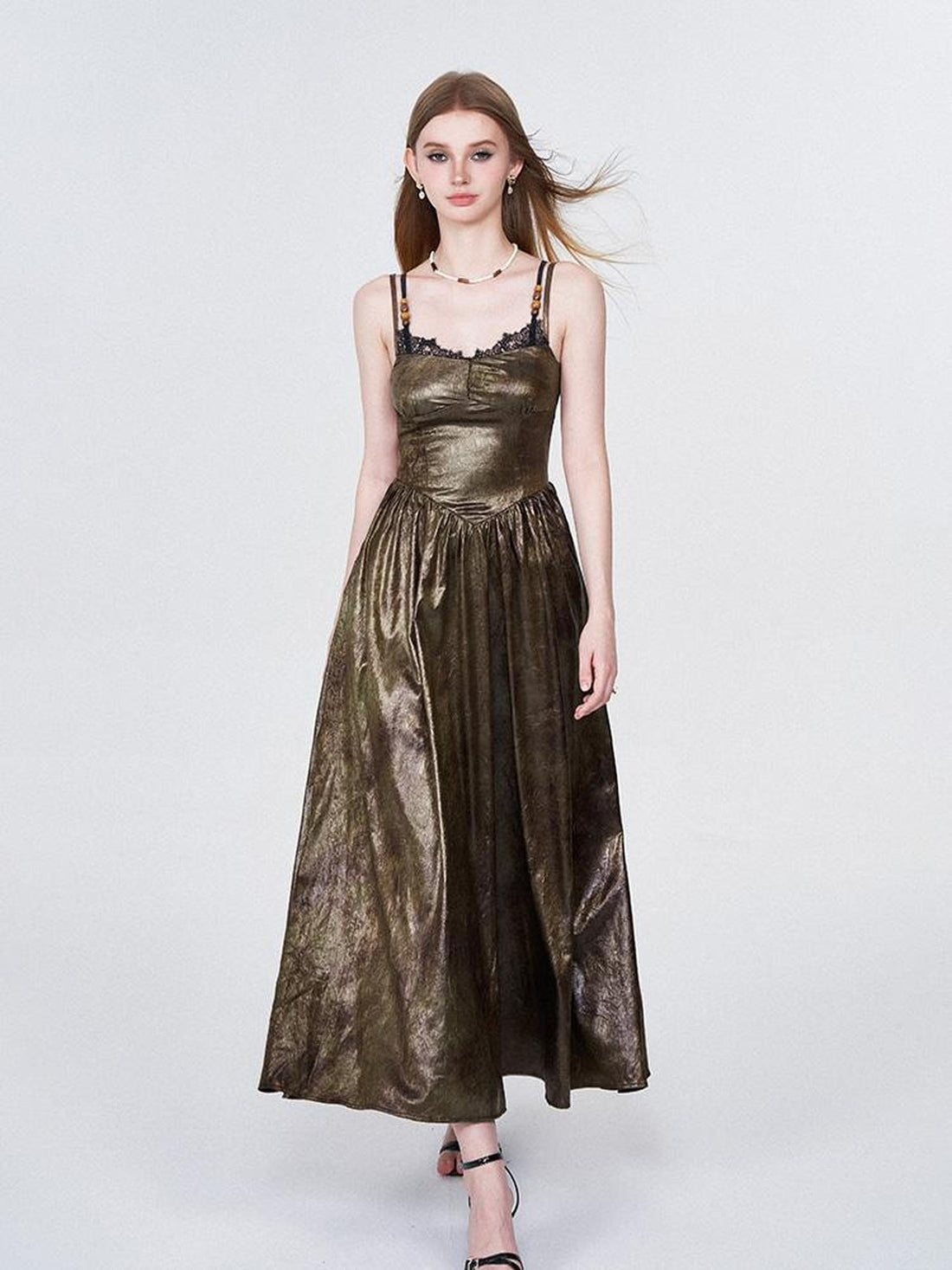 AFTADAWN Vintage Lace Trimmed Textured Slip Maxi Dress V-neck T-shirt Long Sleeve