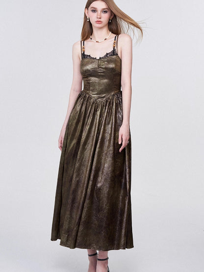 AFTADAWN Vintage Lace Trimmed Textured Slip Maxi Dress V-neck T-shirt Long Sleeve