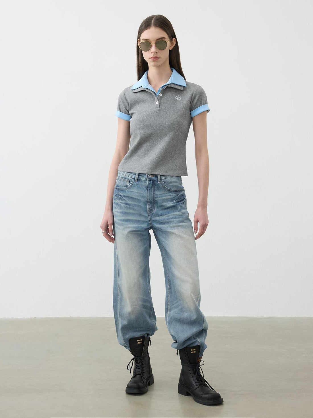 AFTADAWN Vintage Light Wash Wide Leg Denim Jeans With Whiskers