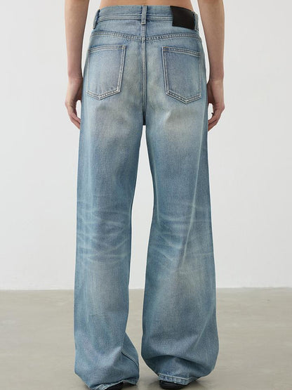 AFTADAWN Vintage Light Wash Wide Leg Denim Jeans With Whiskers