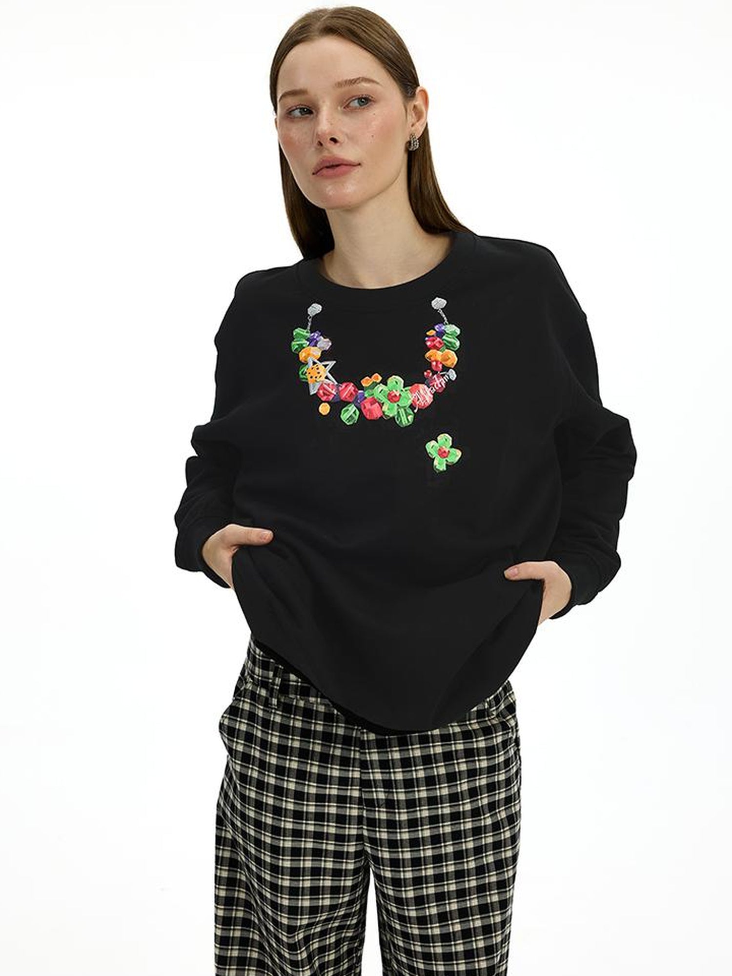 AFTADAWN Vintage Necklace Print Oversized Cotton Hoodie