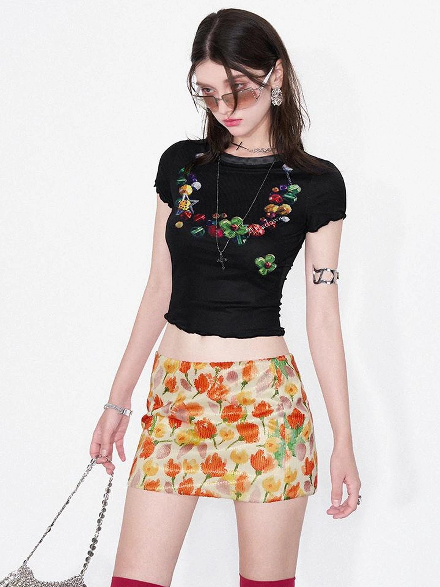 Vintage Necklace Print Tulle Trim Tee