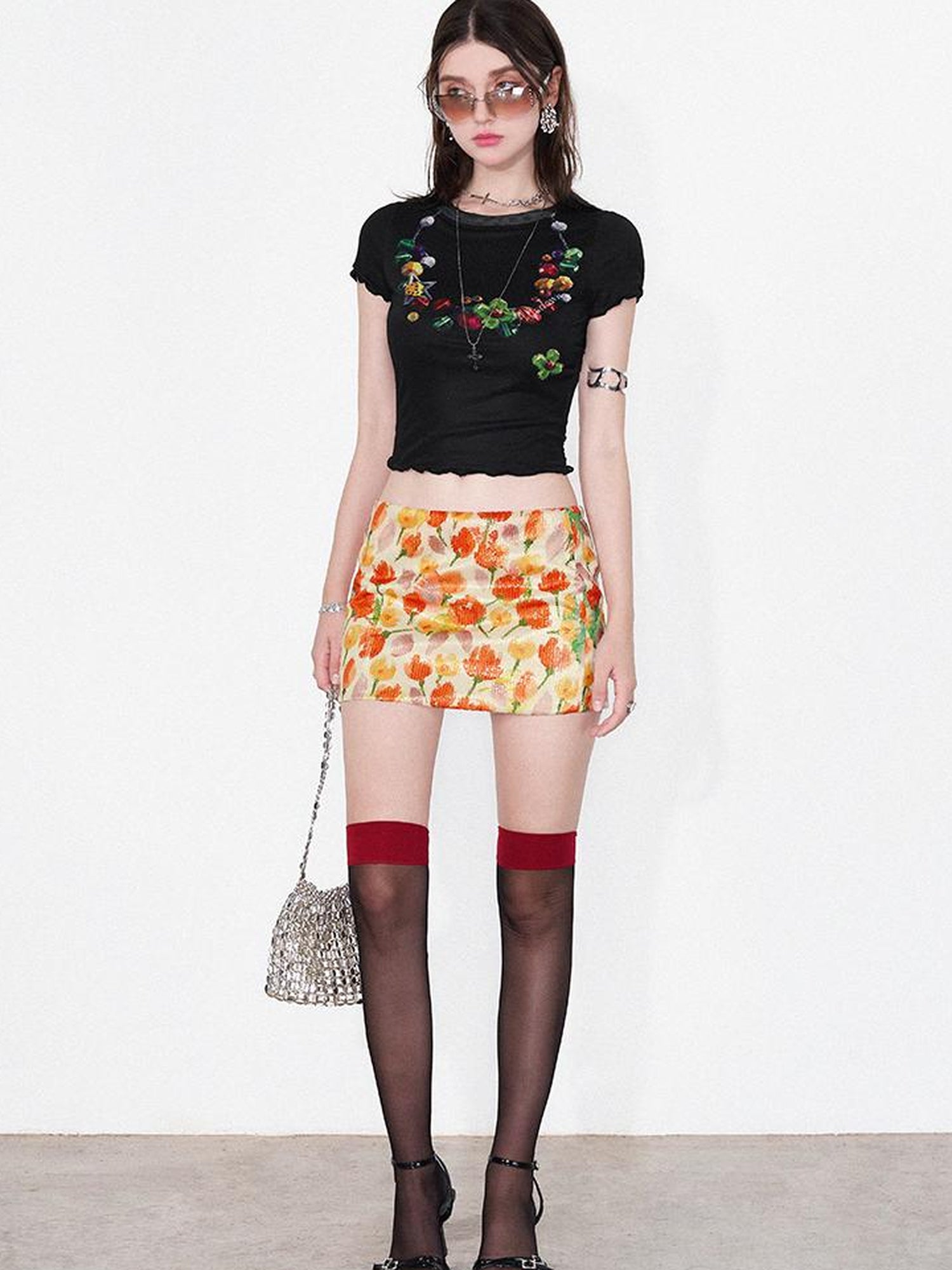 AFTADAWN Vintage Necklace Print Tulle Trim Tee