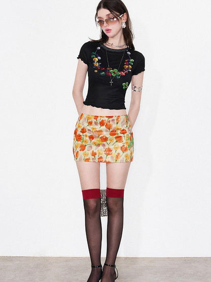 AFTADAWN Vintage Necklace Print Tulle Trim Tee