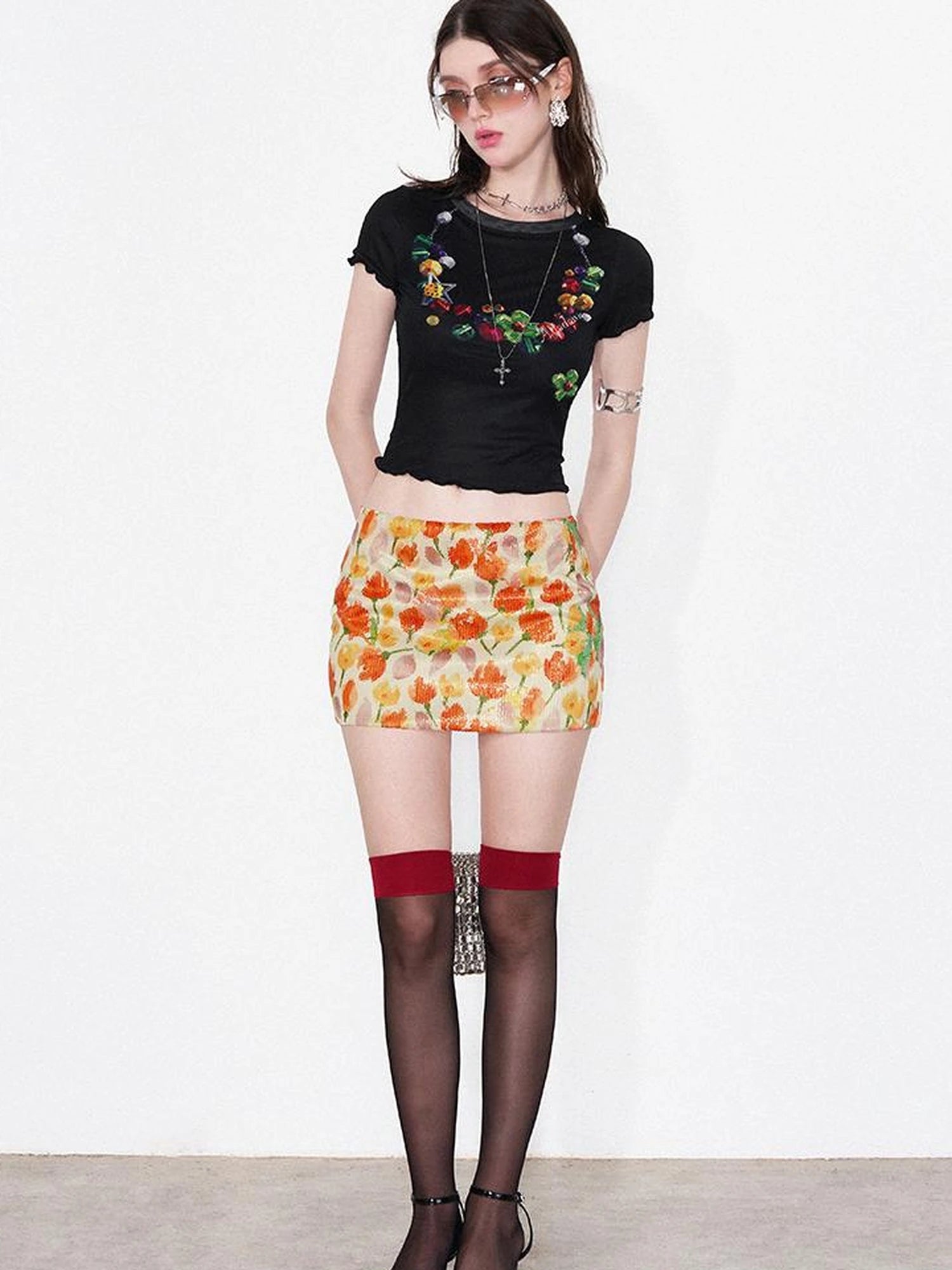 Vintage Necklace Print Tulle Trim Tee