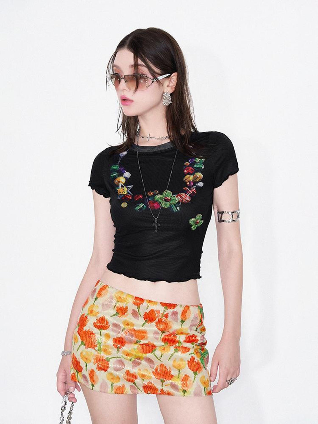 AFTADAWN Vintage Necklace Print Tulle Trim Tee
