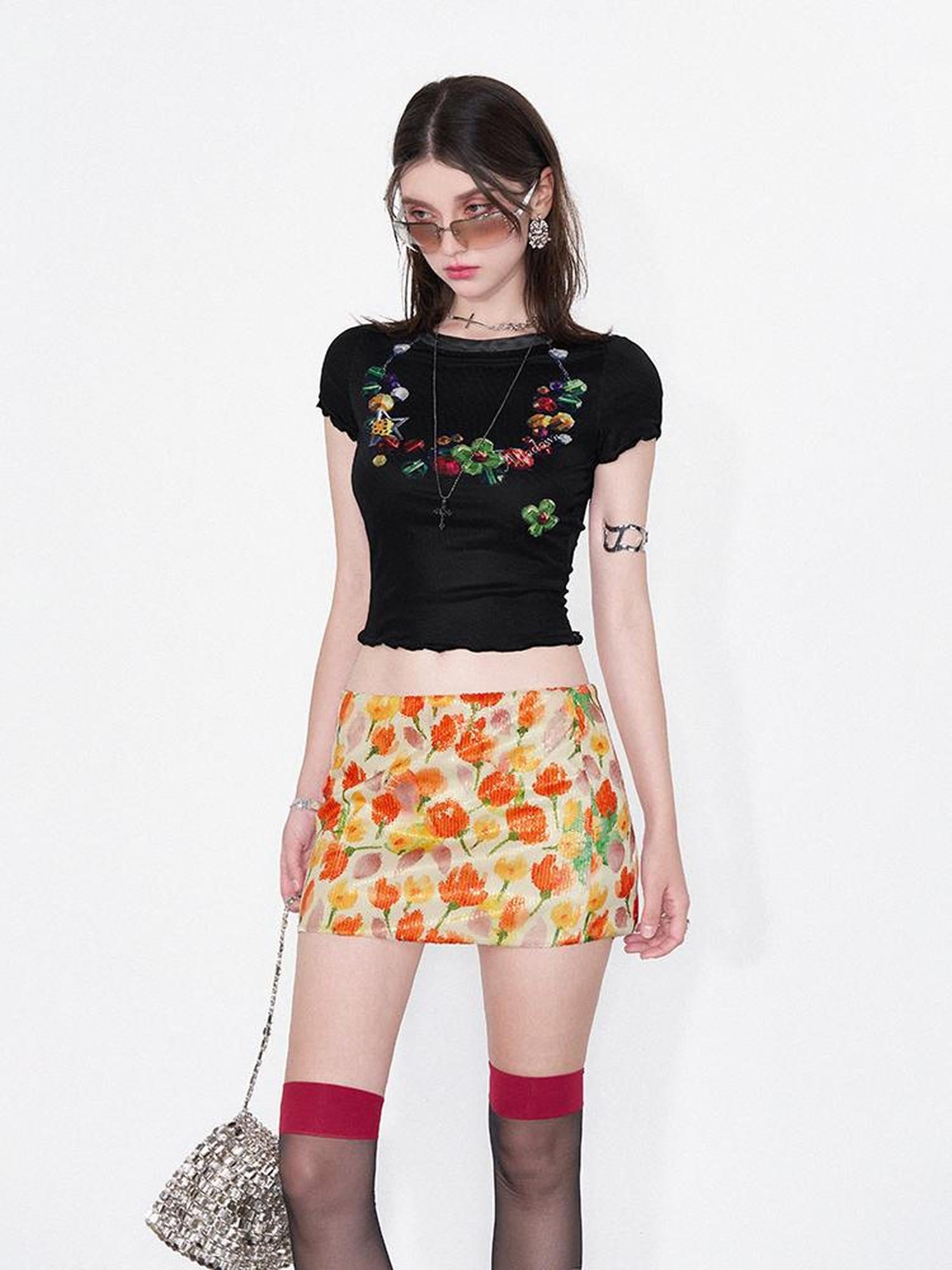 AFTADAWN Vintage Necklace Print Tulle Trim Tee